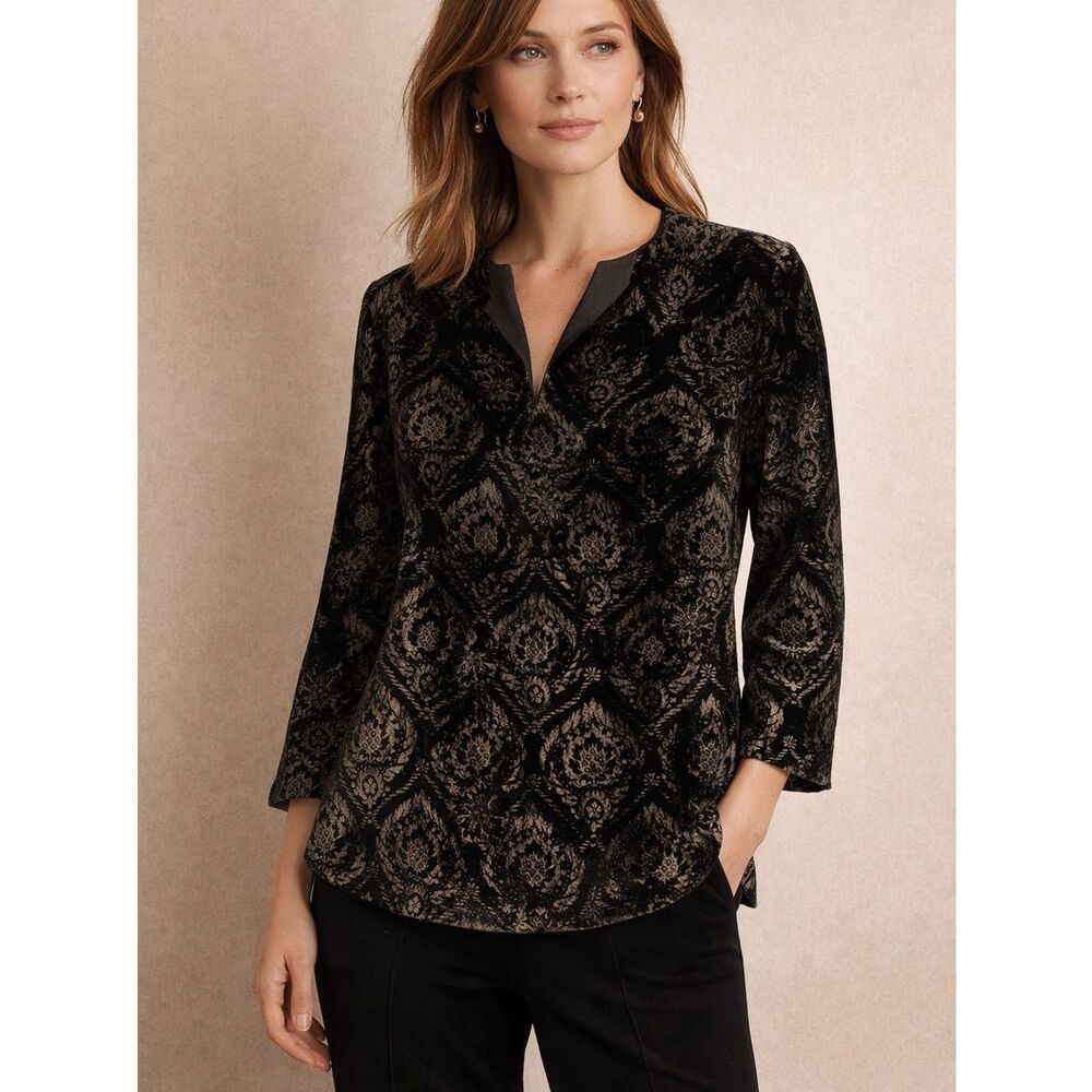 Lafayette 148 New York Black Shimmer Print Velvet Silk Blend Top Blouse Size 4